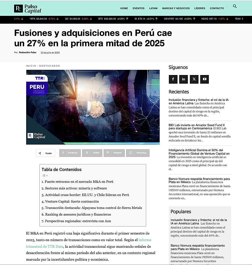 Fusiones y adquisiciones en Per� cae un 27% en la primera mitad de 2025